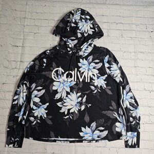 Calvin Klein Performance Womens Cropped Floral Logo Hoodie Black Blue Large